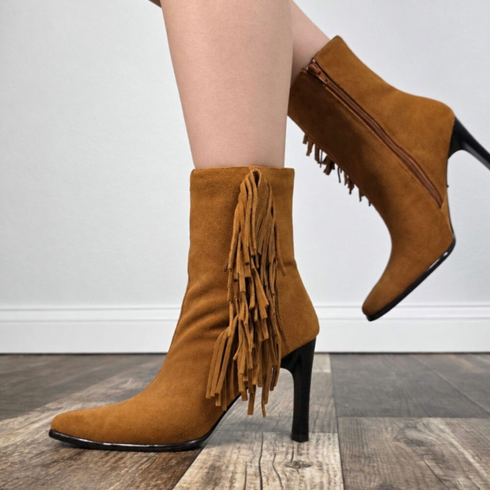 Vintage Suede Fringe Ankle Boots 7.5 Tan Square Toe Heels Western Boho